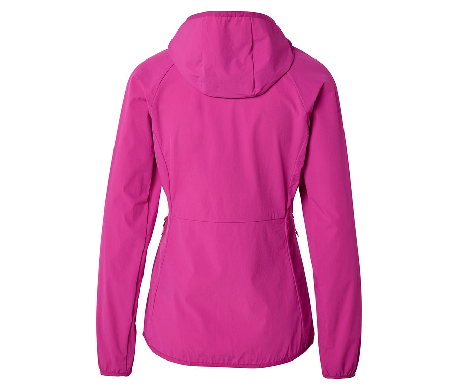 Rückansicht einer pinkfarbenen Jacke mit Kapuze.