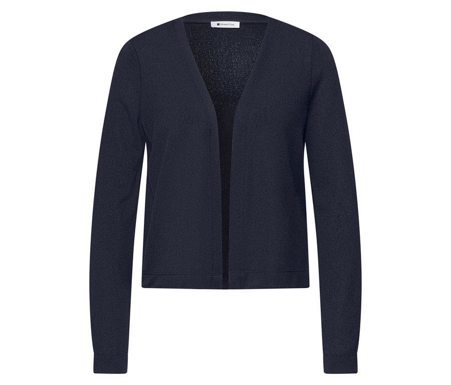 Nahaufnahme des Street One Cardigans in Dunkelblau, der offen und vor einem weißen Hintergrund präsentiert wird.