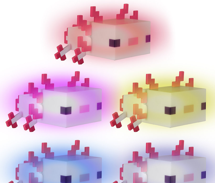 Fünf Minecraft Axolotl-förmige Nachtlichter in Pink, Lila, Gelb und Blau.