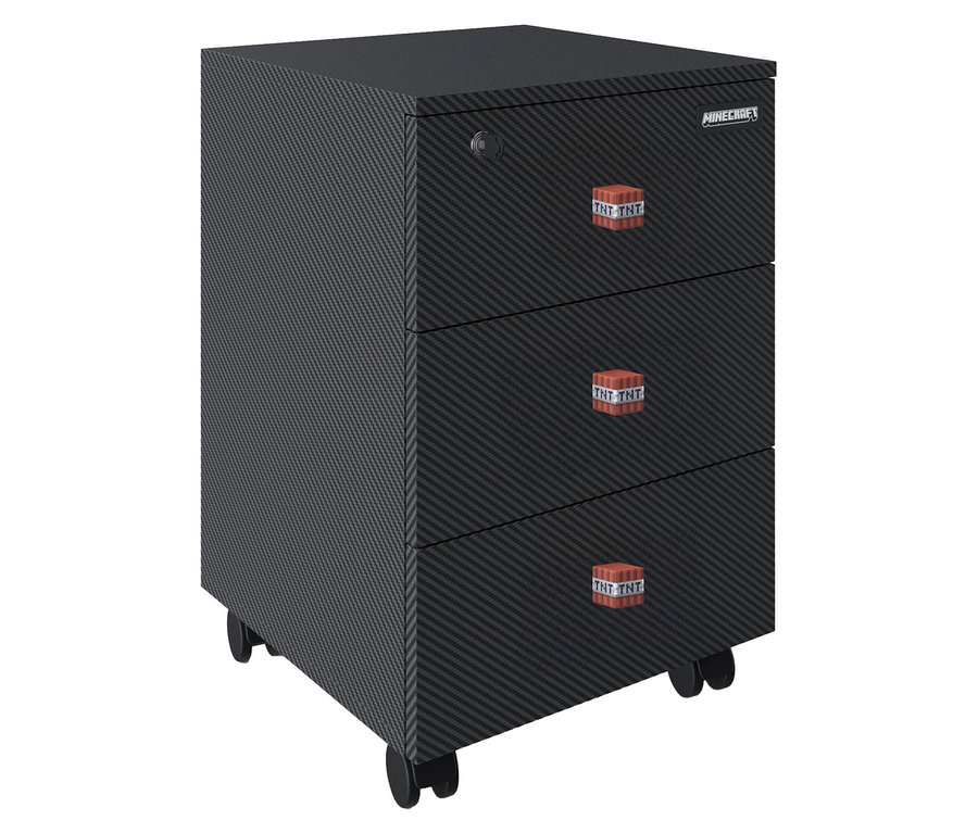 Schwarzer Minecraft Rollcontainer mit drei Schubladen und TNT-Motiv.