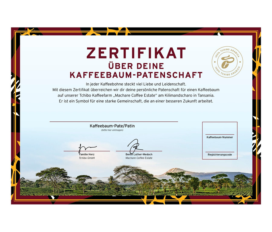Zertifikat über eine Kaffeebaumpatenschaft.