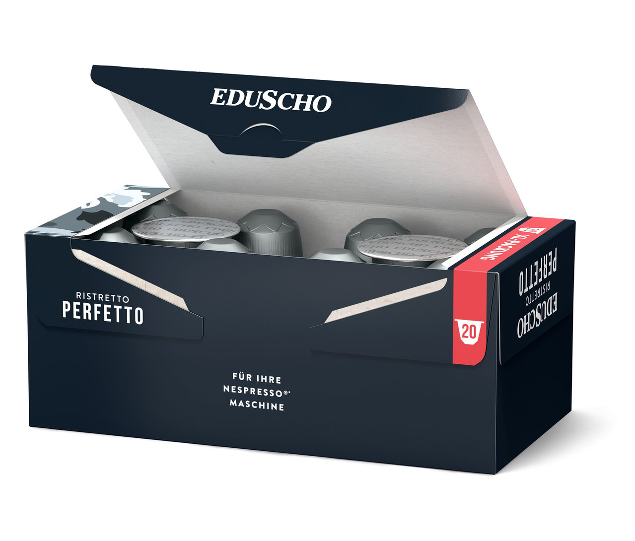 Geöffnete, dunkelblaue Verpackung Eduscho Ristretto Perfetto mit 20 Kaffeekapseln für Nespresso Maschinen.