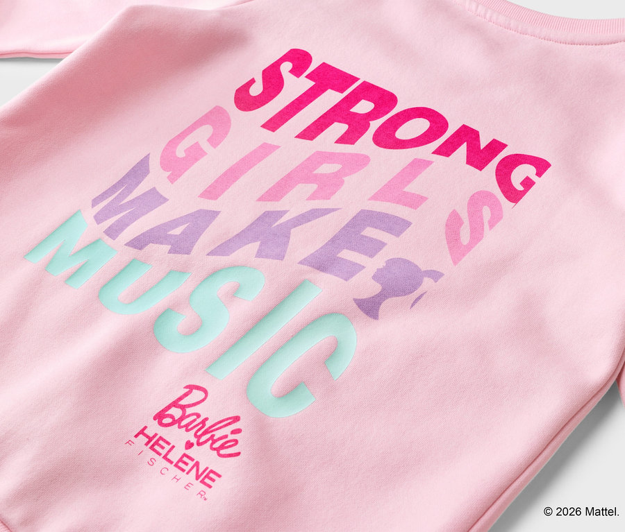 Rosa Barbie-Pullover mit Aufdruck "Strong Girls Make Music".