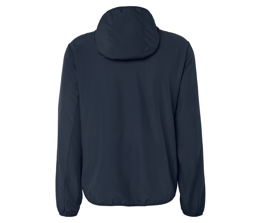 Rückansicht einer marineblauen Jacke mit Kapuze.