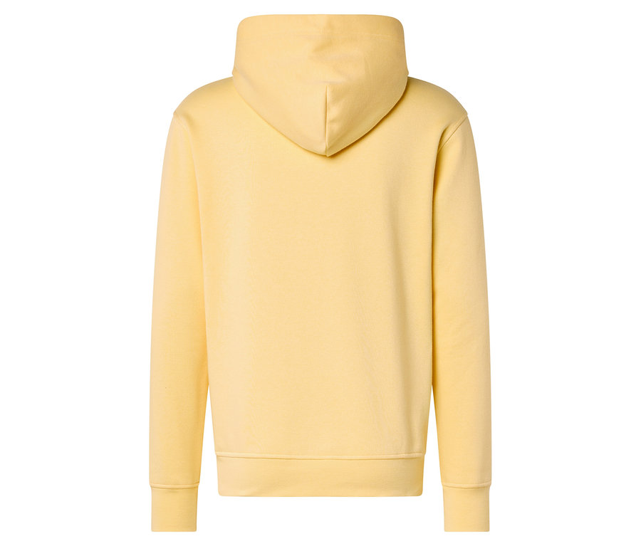 Rückansicht eines hellgelben Kapuzenpullovers.