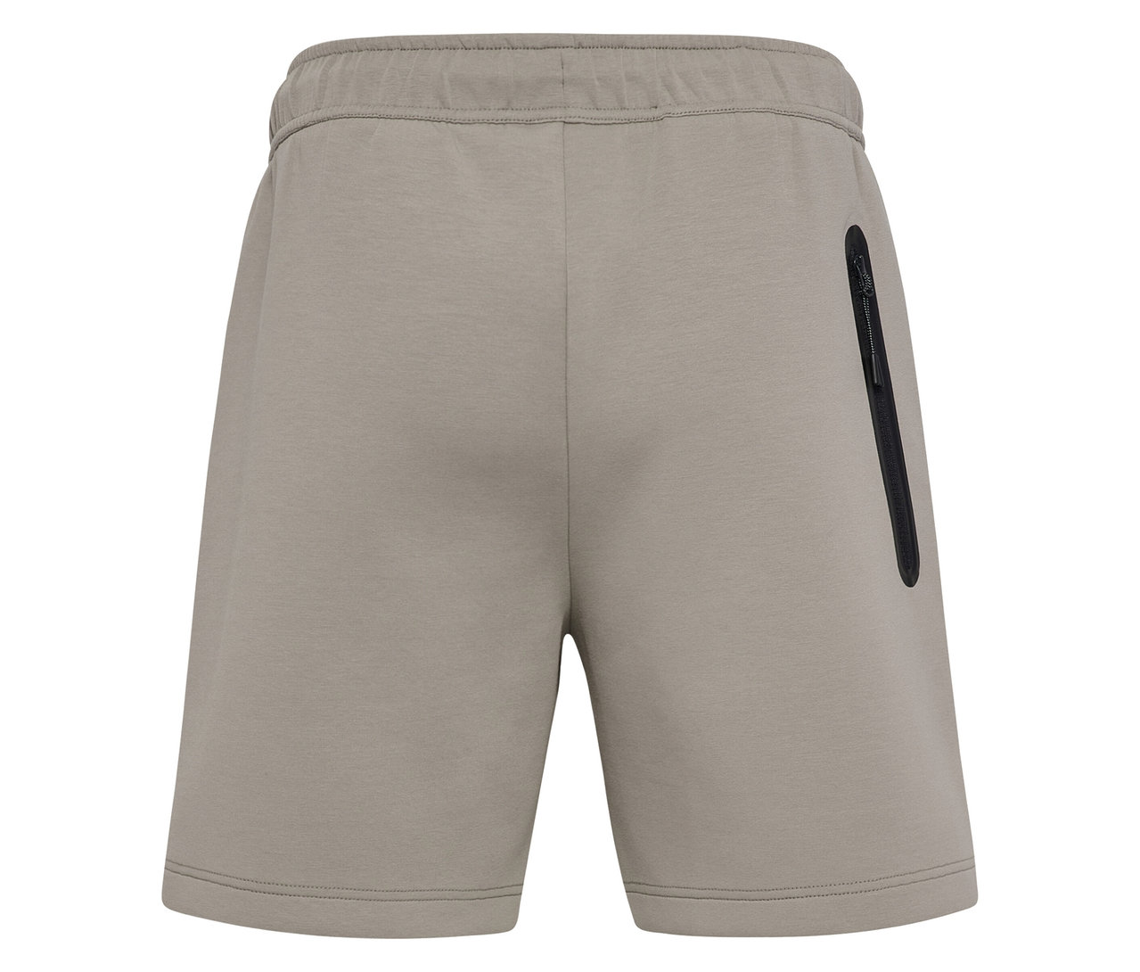 Nahaufnahme der Rückseite der HUMMEL Herren-Sweatshorts in Khaki mit schwarzem Reißverschluss an der rechten Tasche.