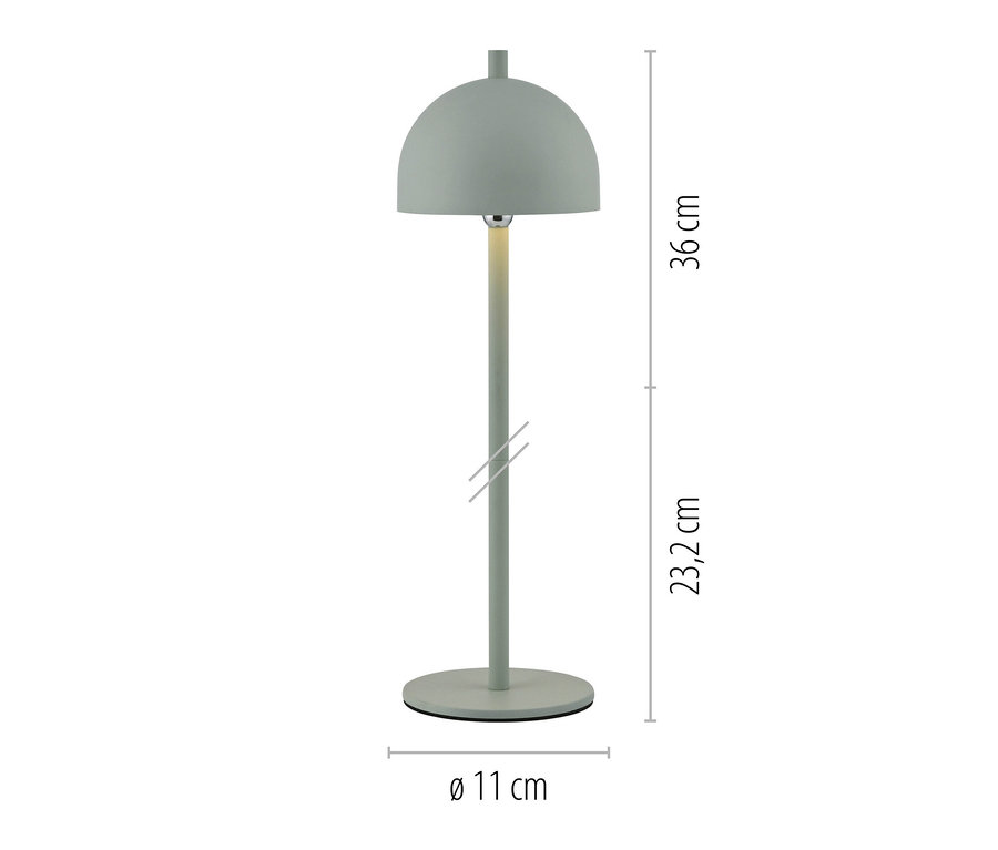 Hellgrüne Tischlampe mit kuppelförmigem Schirm, schlankem Stiel und rundem Fuß. Gesamthöhe 36 cm, Stielhöhe 23,2 cm, Fußdurchmesser 11 cm.