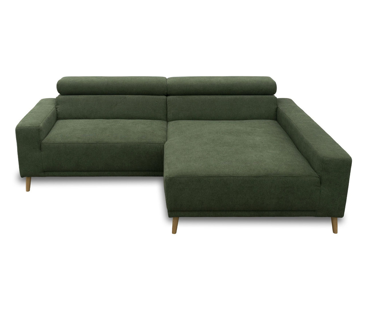 Grünes DOMO Sofa Malmö mit Longchair rechts und Kopfteilverstellung, auf Holzfüßen.