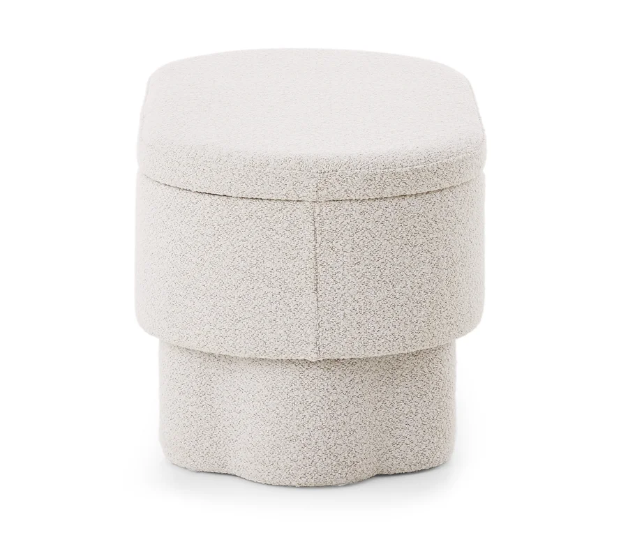 Ein weißer, zylindrischer Hocker mit strukturierter Oberfläche und gestuftem Design.