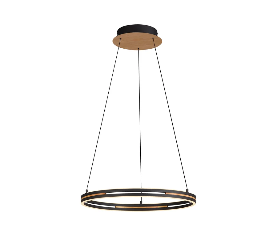 Runde Pendelleuchte mit schwarzem Außenring und hellem Holz-Innenring, aufgehängt an drei schwarzen Kabeln von einer runden Deckenhalterung in Schwarz und Holzoptik.