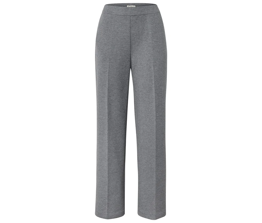Graue, gerade geschnittene Jerseyhose mit hohem Bund, auf weißem Hintergrund.