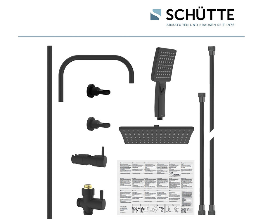 Schwarzes Überkopfbrause-Set »Mallorca« mit Kopfbrause, Handbrause, Brausestange und Montagematerial.