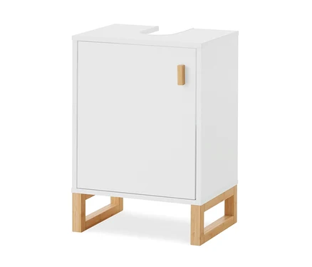 Weißer Waschbeckenunterschrank mit einer Tür, einem Holzgriff und Holzbeinen, mit einer Aussparung oben.