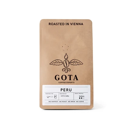 Braune Packung Gota Coffee - Peru Omni-Roast - 250 g Ganze Bohne.