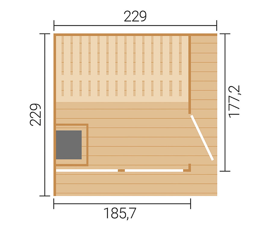 Grundriss des Weka Thermoholz-Saunahauses Viira Gr. 2. Quadratische Sauna mit Holzbänken und Ofen. Außenmaße 229x229 cm, Innenmaße 185,7x177,2 cm.