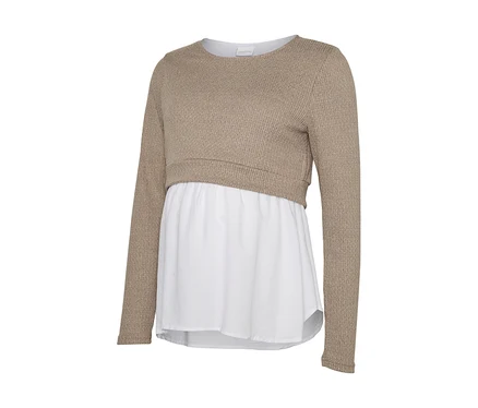 Beiges, geripptes Langarmshirt mit einem weißen, fließenden Unterteil im Lagenlook.