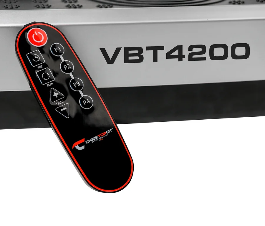 Detailansicht der Steuerung und Fernbedienung des Christopeit Vibrationstrainers »Vibro VBT 4200«.