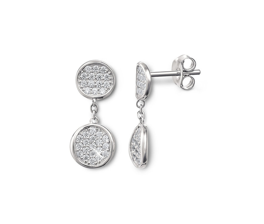 Zwei Ohrhänger, 925 Silber mit Zirkonia auf weissem Hintergrund.