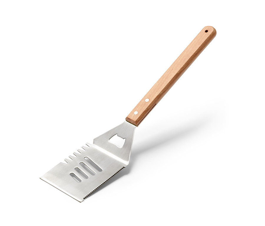BBQ-Multitool mit Holzgriff und Edelstahlkopf.