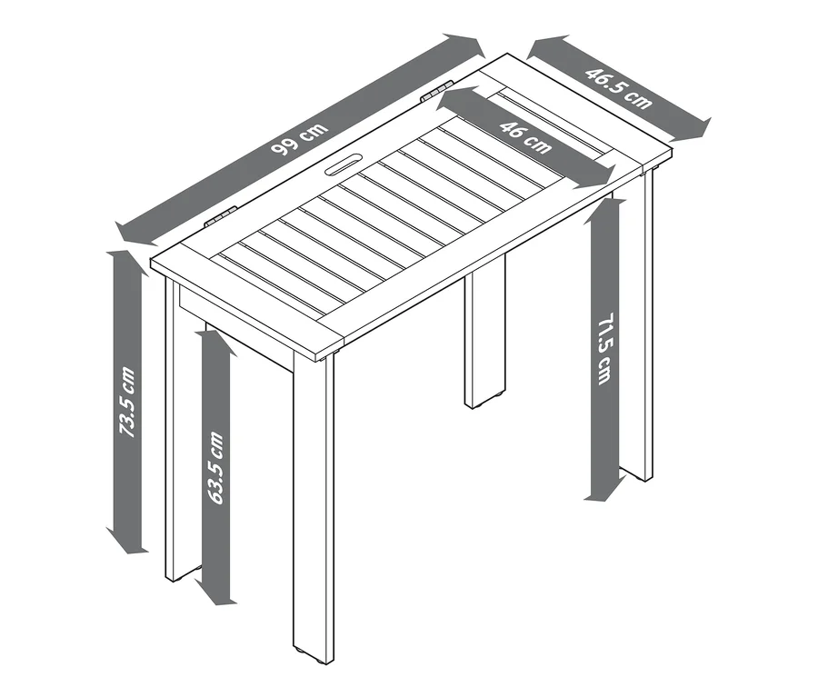 Illustration von Gartentisch »Leira«, klappbar mit Abmessungen.