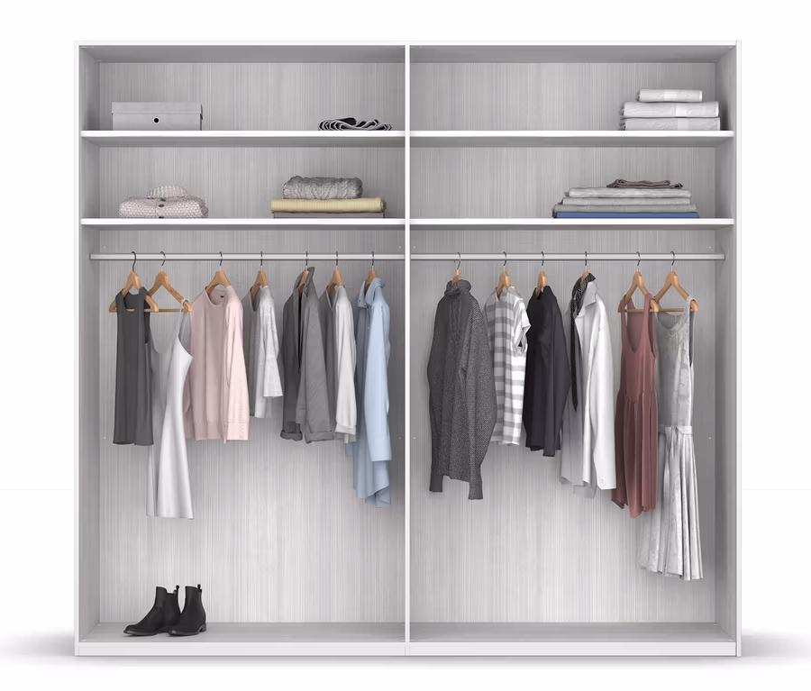 Offener Kleiderschrank mit Kleidung und Schuhen. Rauch BLACK 20UP Schwebetürenschrank »Basic« in weiß, seidengrau und schwarz, 240 cm
