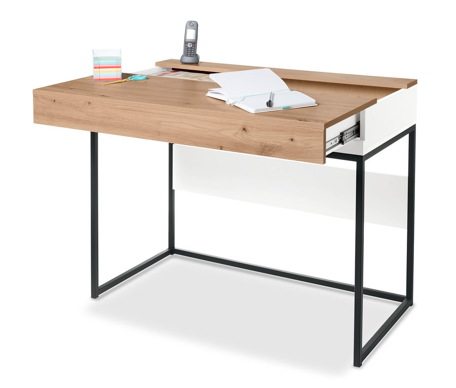 Sekretär-Schreibtisch mit Holzplatte, weißem Innenraum und schwarzen Beinen. Auf dem Schreibtisch liegen ein Notizbuch, ein Stift und ein Telefon.
