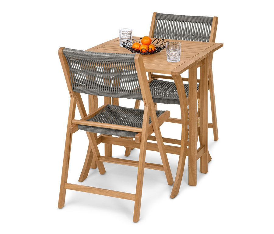 Zusammenklappbares Balkon-Set »Lenja« mit Textilgeflecht mit zwei Klappstühlen und Tisch. Auf dem Tisch stehen Gläser und eine Schale mit Obst.