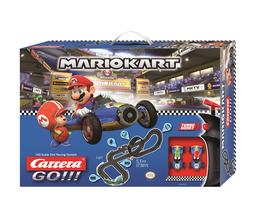 Verpackung der Carrera Go!!!-Rennstrecke »Mario Kart – Mach 8« mit Mario- und Toad-Figuren in Karts.
