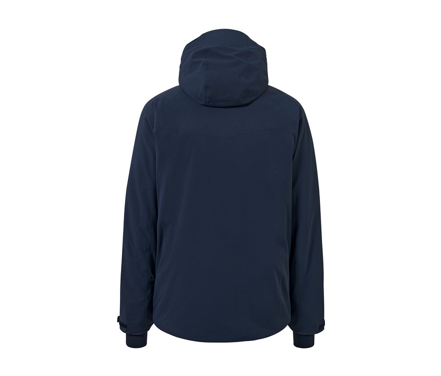 Rückansicht einer marineblauen High-Tech-Skijacke mit Kapuze.