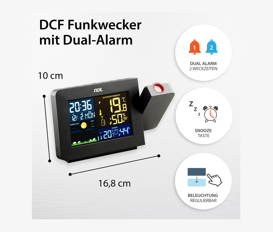 Schwarze ADE Wetterstation mit Funk-Außensensor und Projektion zeigt Uhrzeit, Datum und Temperatur.