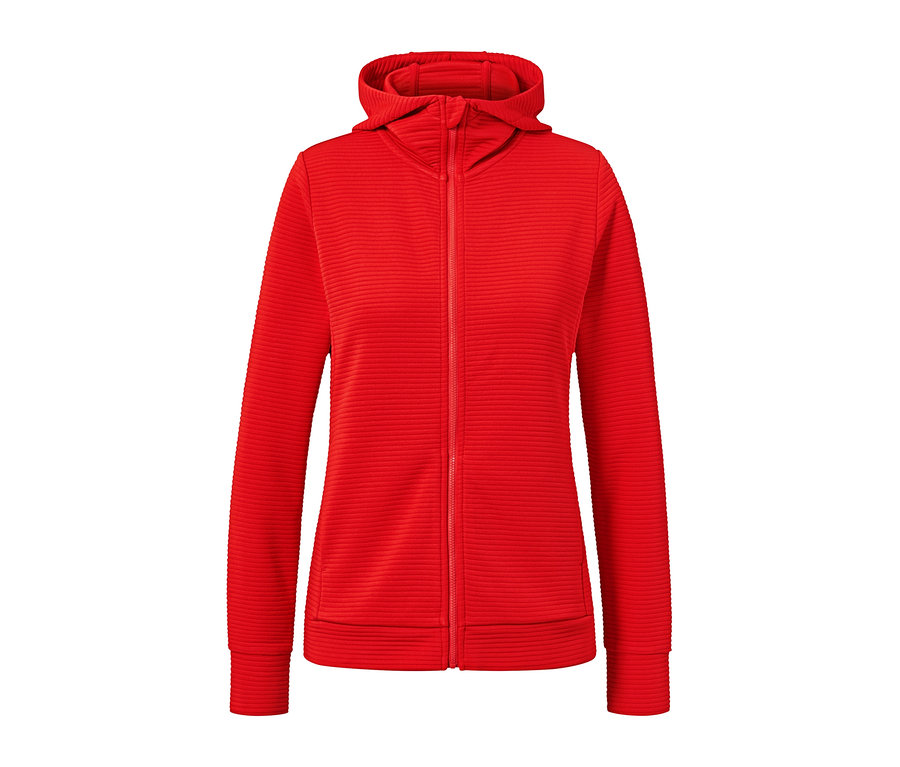 Rotorange Kapuzenjacke mit Reißverschluss in der Mitte.