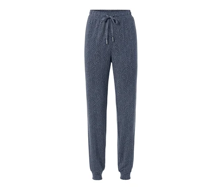 Eine blaue Pyjamahose mit Muster.