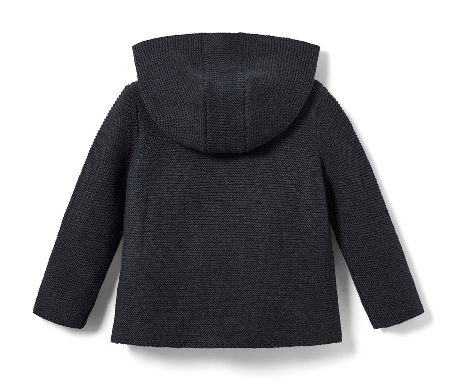 Detailansicht der Baby-Strickjacke, dunkelgrau meliert, von hinten.