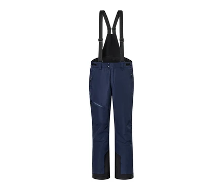 Blaue Skihose mit schwarzen Hosenträgern.