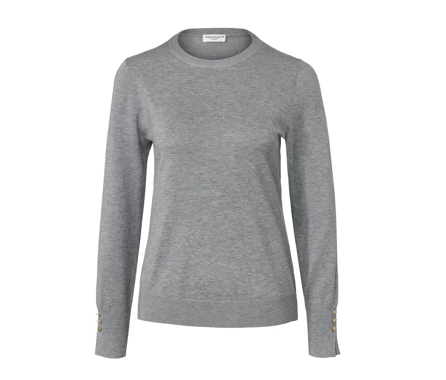 Grau melierter Feinstrickpullover.