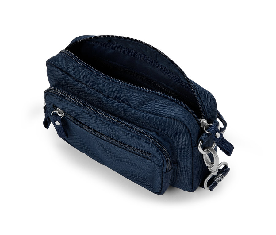 Blaue Sicherheits-Umhänge-und-Bauchtasche mit offenem Hauptfach.