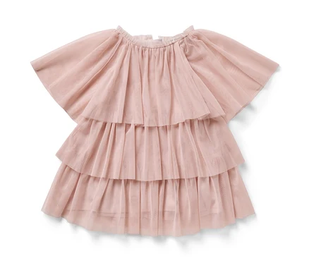 Rosa Kinder-Tüllkleid mit drei Rüschen.