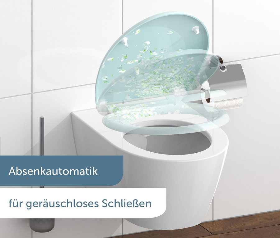 WC-Becken mit Duroplast WC-Sitz, Flower in the Wind und Toilettenpapier.