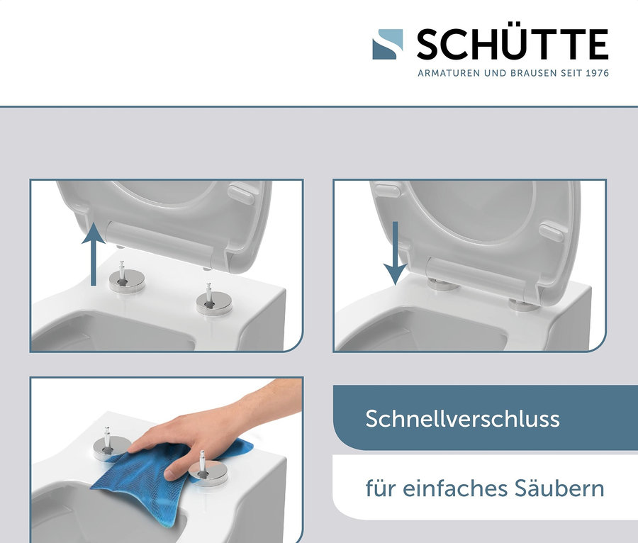 Die Abbildung zeigt die Installation und Reinigung eines WC-Sitzes mit Schnellverschlussmechanismus.