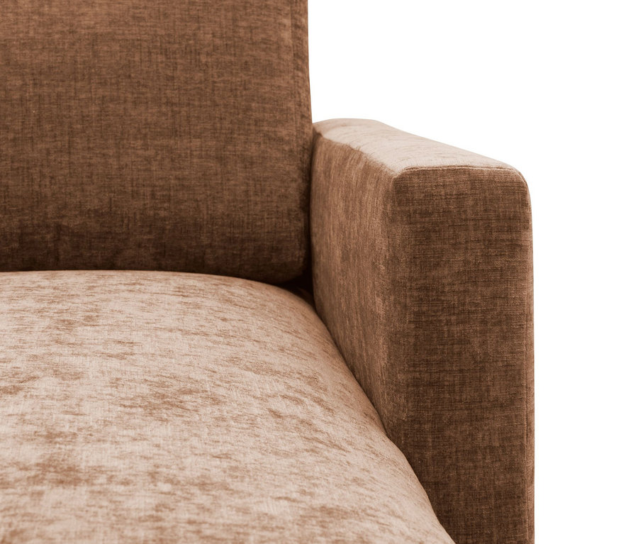 Detailansicht eines braunen DOMO Longchairs, rechtsbündig, in Rost- und Hellbrauntönen.
