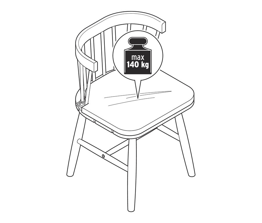 Illustration eines Dining-Stuhls mit Sitzpolster und dem Hinweis max. 140 kg.