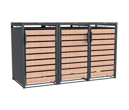 Mülltonnenbox, 1er und Mülltonnenbox, 3er mit Holzverkleidung.