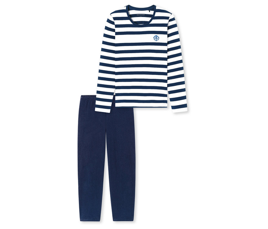 SCHIESSER Pyjama-Set, bestehend aus einem blau-weiß gestreiften Oberteil und einer marineblauen Hose.