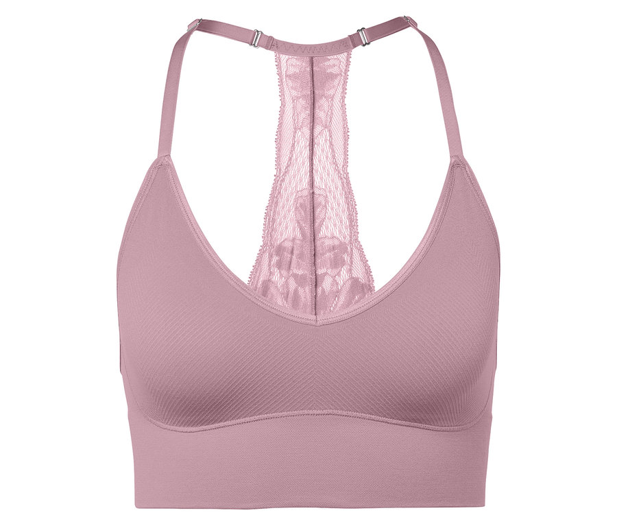 Detailaufnahme eines lilafarbenen Sport-BHs mit Spitzenrücken.