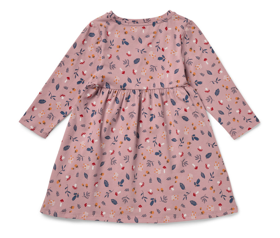 Rosa Kinderkleid mit langen Ärmeln und einem Aufdruck von Waldfrüchten und Pilzen.