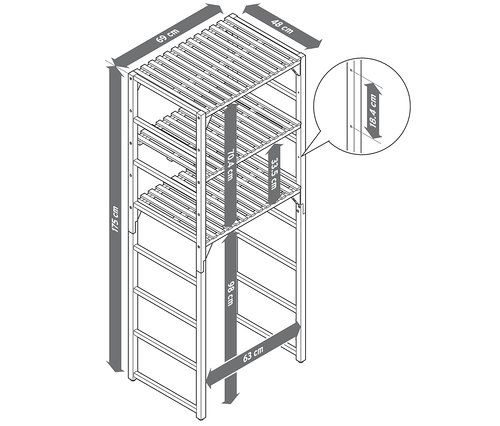 Illustration eines Holzregals mit drei Regalböden und hervorgehobenen Abmessungen.