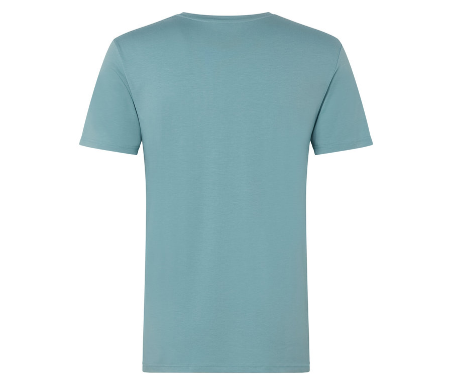 Rückansicht eines hellblauen T-Shirts.