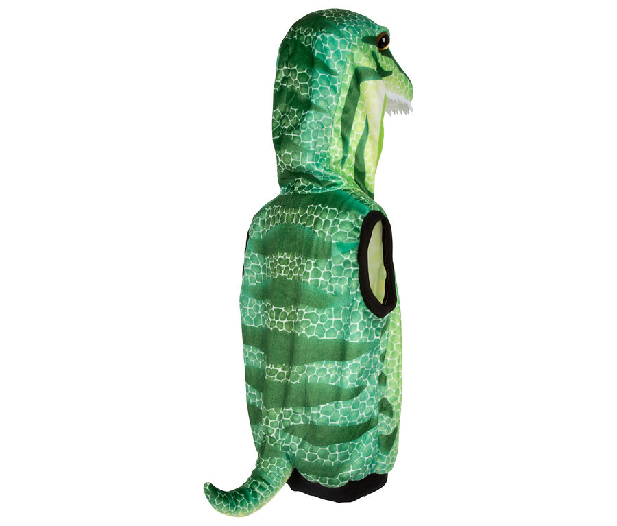 Grünes Dinosaurierkostüm mit Kapuze und Schwanz von hinten.