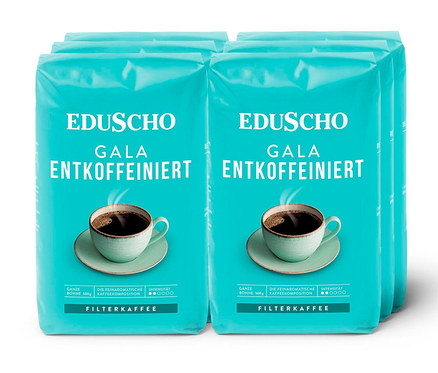 Sechs Packungen EDUSCHO Gala Entkoffeiniert gemahlener Kaffee.