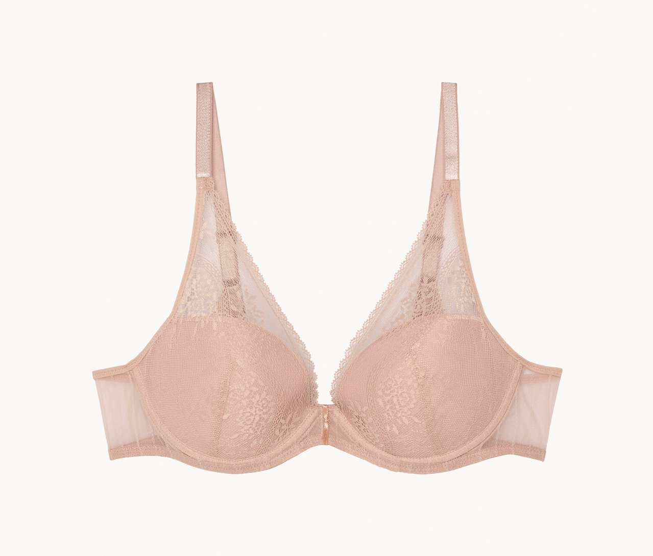 Ein beiger Bügel-BH mit Spitze und verstellbaren Trägern.